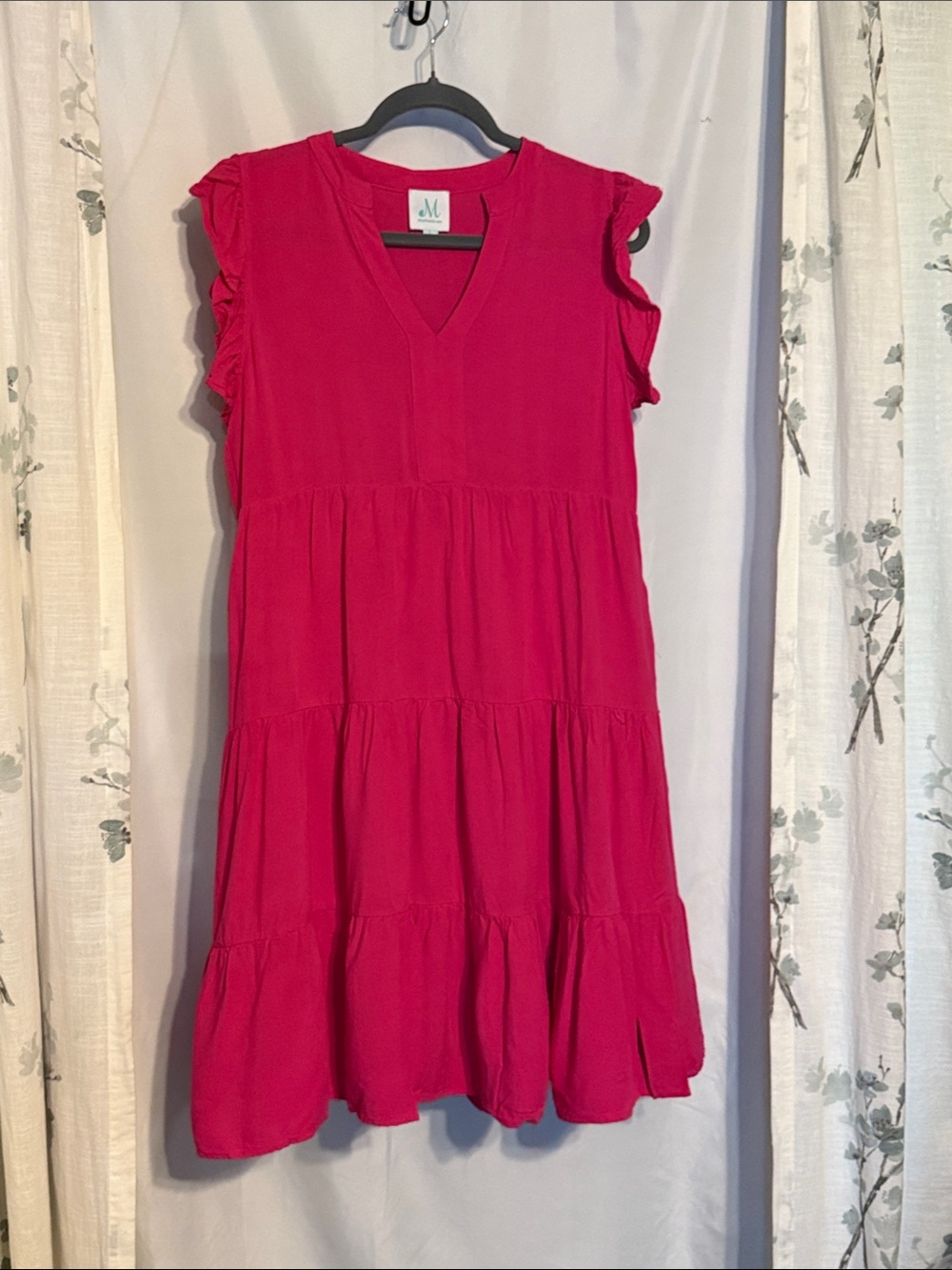 Magenta Ruffle-Sleeve Tiered V-Neck Dress
